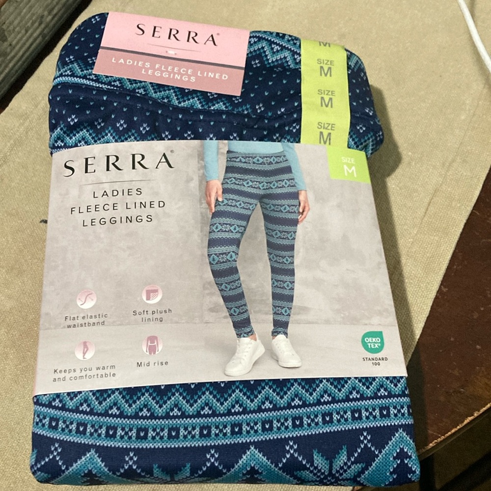 Brand new never worn ladies fleece lined leggings. Size medium. Multi blue.